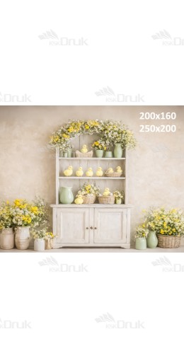 Tło fotograficzne „Wielkanocny regał z kurczaczkami i kwiatami” | E821